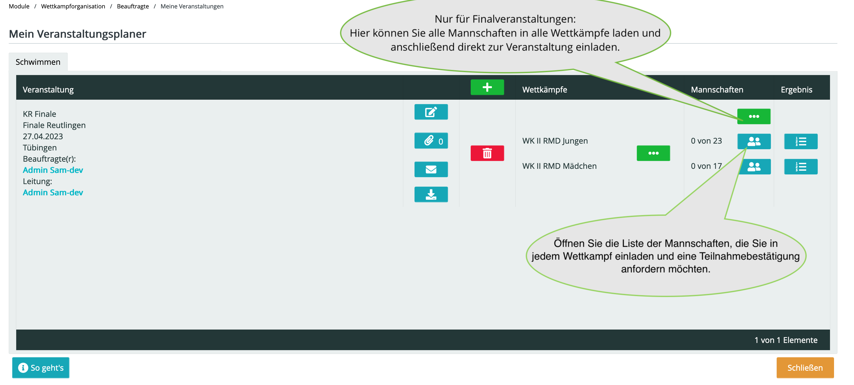 Liste der Mannschaften aufrufen.